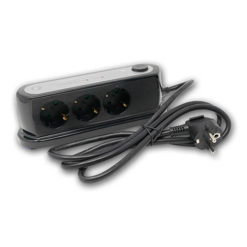 3-fach Tisch-Steckdose, 2x USB, Saugfüßchen, Anschlusskabel