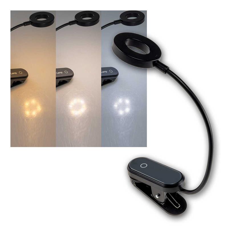 LED Akku-Leseleuchte / Klemmleuchte, 3 Lichtfarben, aufladbar