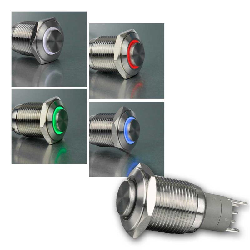 Druckschalter mit LED Ringbeleuchtung, 4 Farben, Ø16mm IP67