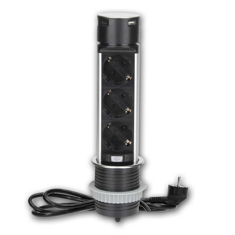 3-fach Steckdose versenkbar, USB-A & USB-C, Anschlusskabel