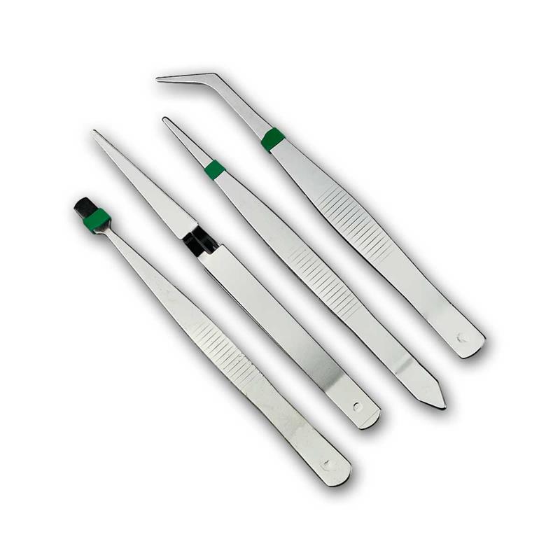 4-teiliges Pinzetten-Set, 110mm, Spitz-, Flach-und Kreuzpinzette