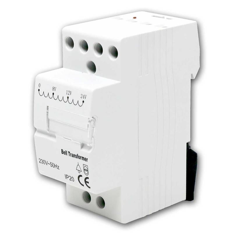 Universal-Klingeltrafo, 230V auf 8, 12 oder 24V, für DIN-Schiene