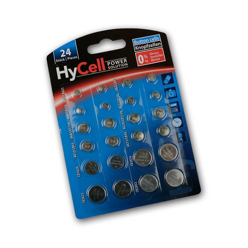 Knopfzellen Set 24-teilig, Alkalin 1,5V, HyCell, Ersatzbatterien