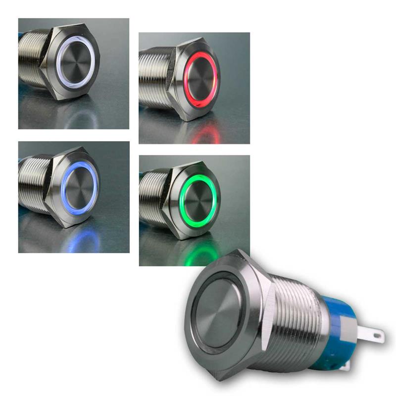 Drucktaster, Metalltaster, Ringbeleuchtung 4 Farben, Ø19mm