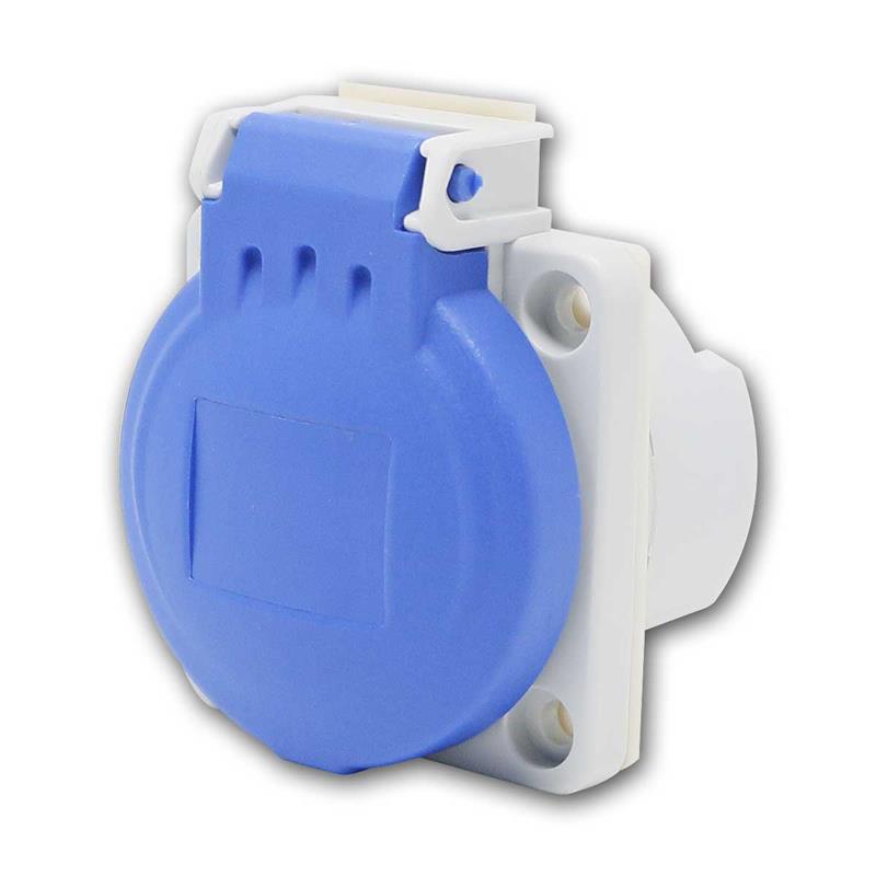 Schutzkontakt-Einbau-Steckdose, mit Klappdeckel, blau, IP54