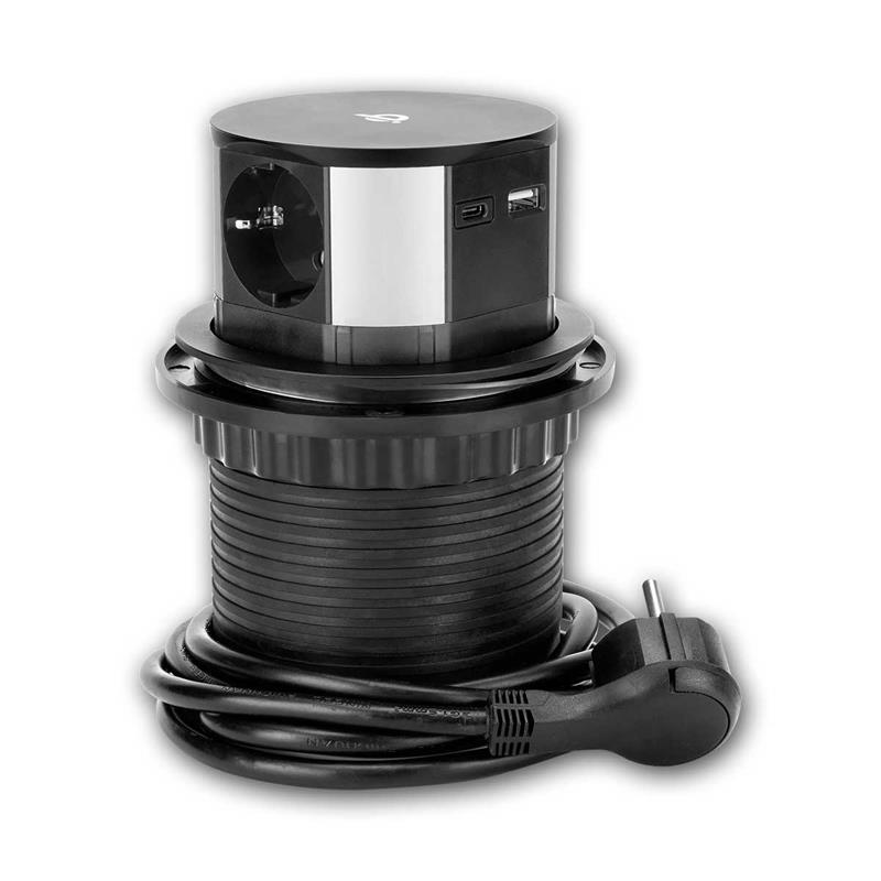 3-fach Tisch-Einbausteckdose mit USB-C, Induktionsladegerät