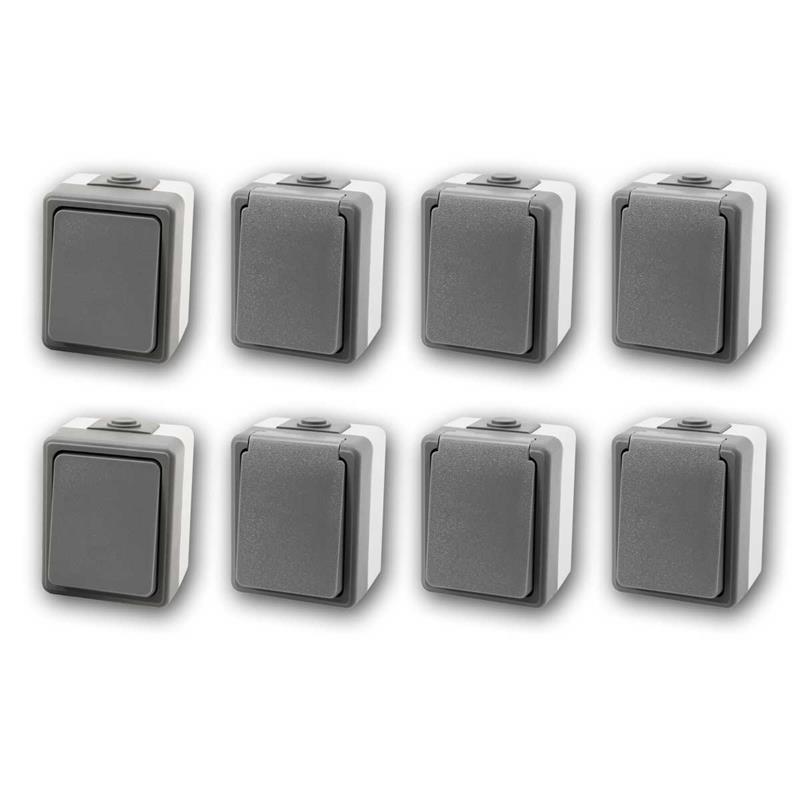 Set "SECURE Starter", 8-teilig, Aufputz Schalter & Steckdosen