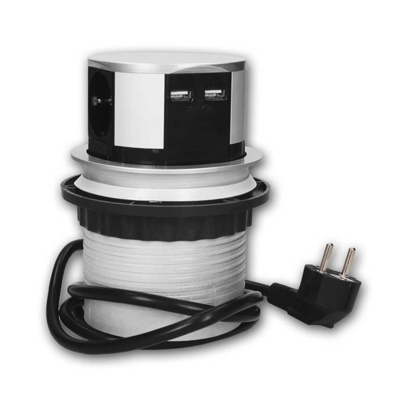 3-fach Tisch-Einbausteckdose Ø10cm, 2x USB, Anschlusskabel