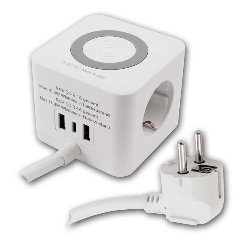 Steckdosenwürfel 3-fach, 3x USB, Wireless Charger, für Innen