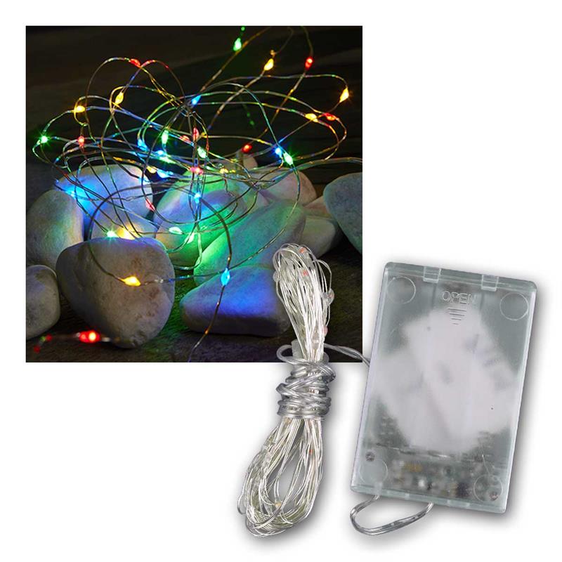 LED Draht-Lichterkette, 40 LEDs bunt, 3,9m, Batterie & Timer
