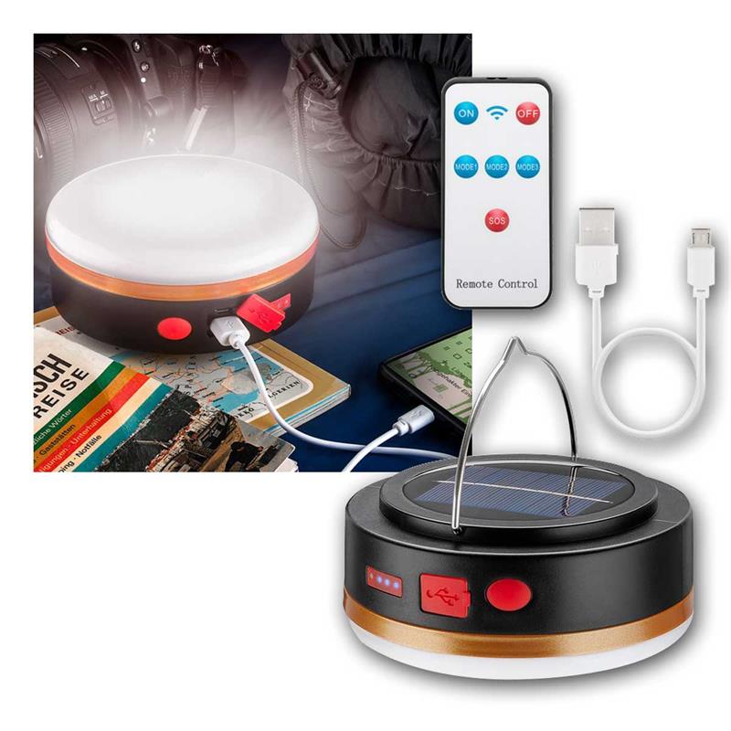 LED Solar Campinglampe, Powerbank & Fernbedienung, IP44