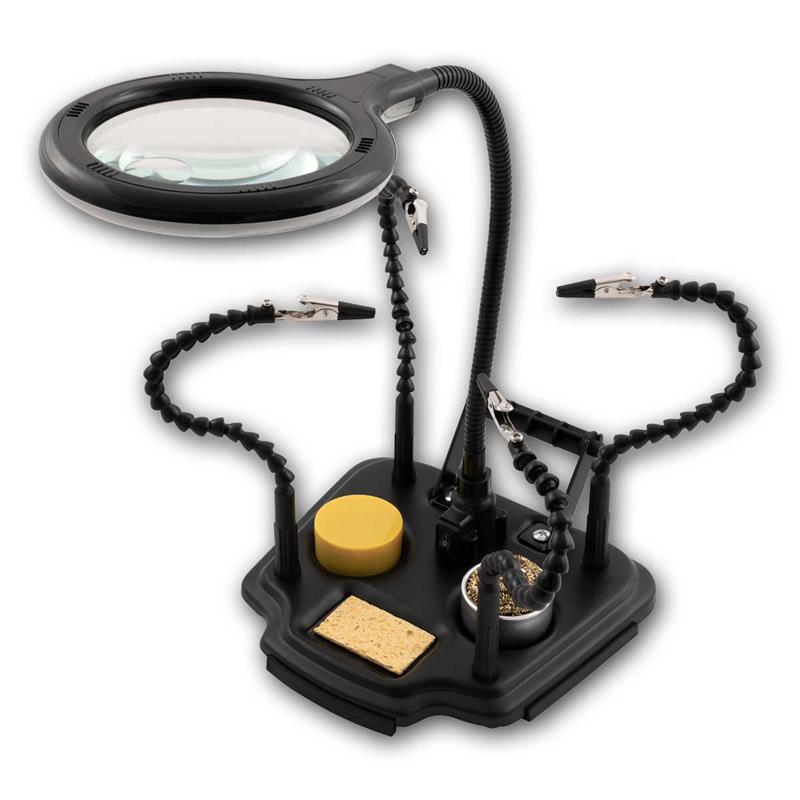 Helfende Hand "HM" mit LED Lupe | Dritte Hand mit Lötutensilien