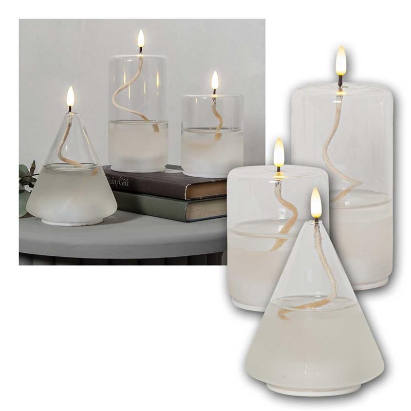 LED Kerze „ÖL-LAMPE“, Glas & Echtwachs-Gel, Timerfunktion