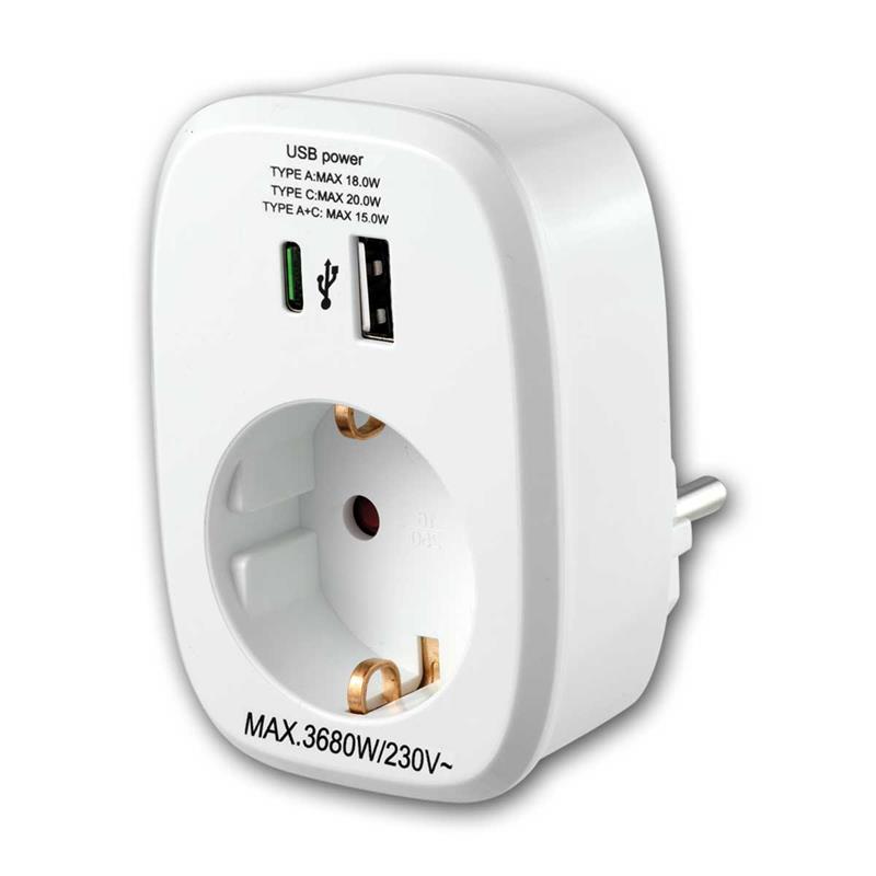 Schutzkontakt Steckdosenadapter, 1x USB-A, 1x USB-C PD 20W