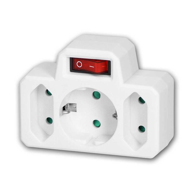 Zwischenstecker, 1x Schutzkontakt-/2x Euro-Steckdose, Schalter