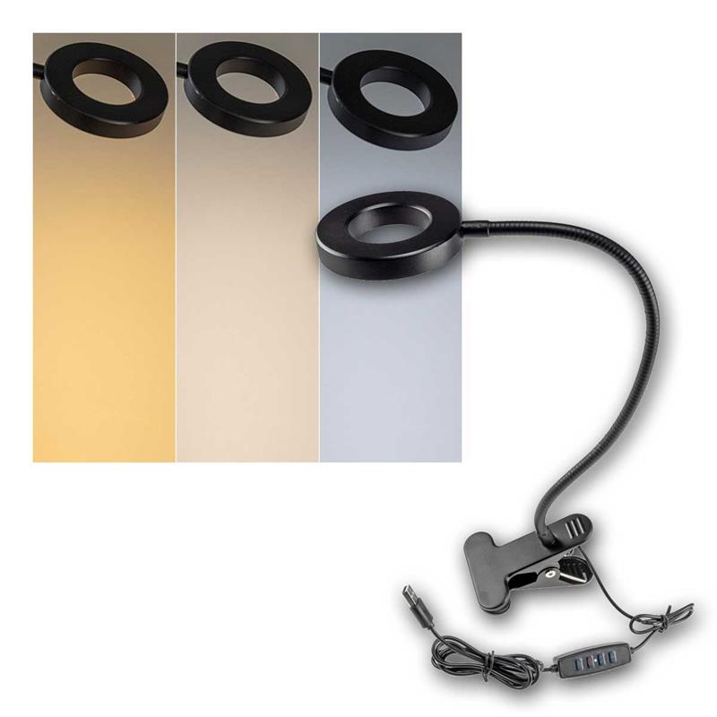 LED Klemm-Leuchte mit USB-Betrieb, 3 Lichtfarben, dimmbar
