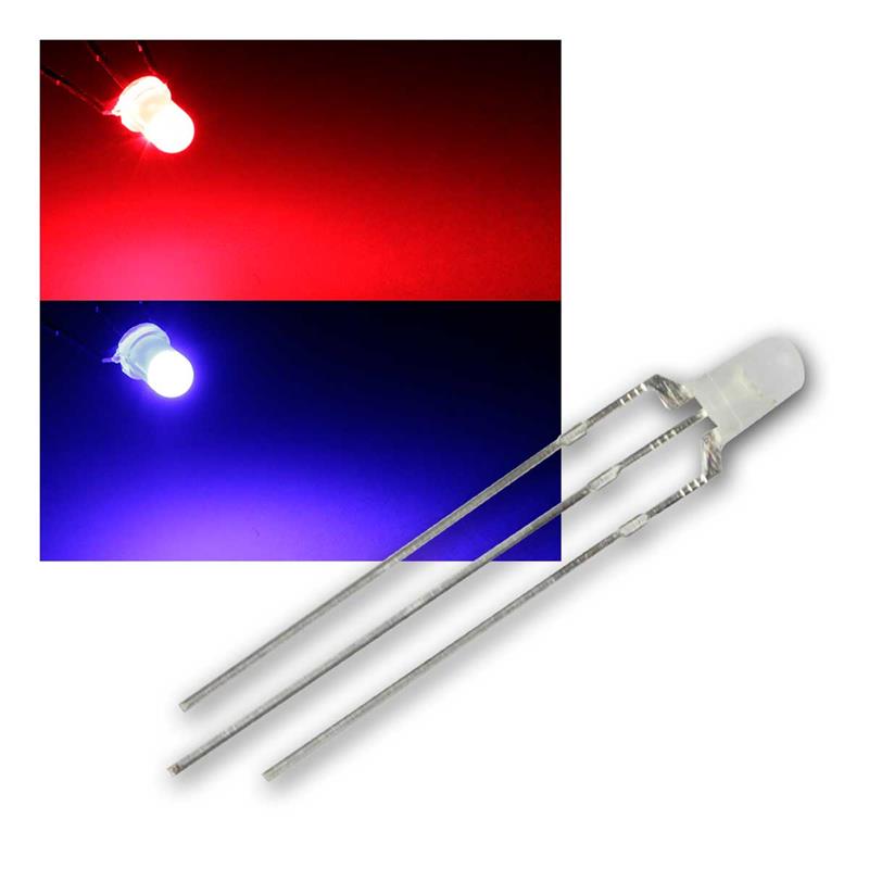LED 3mm diffus, rot/blau, 3-polig, breitstrahlend, sehr hell