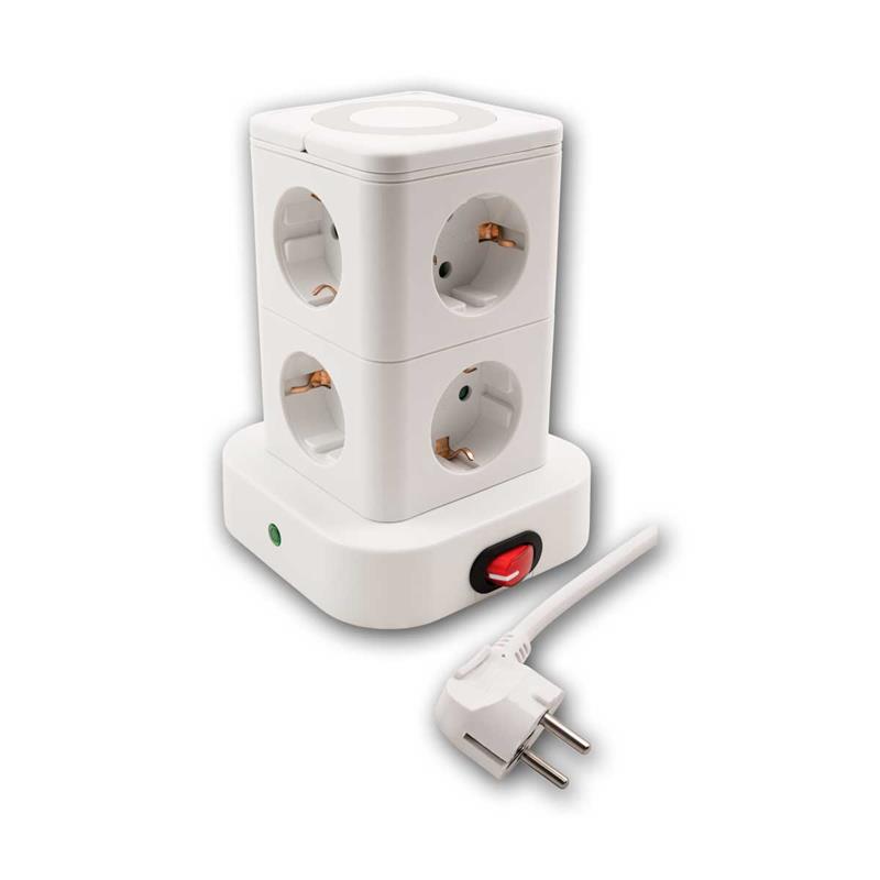 8-fach Steckdosenturm, 2x USB-A und 1x USB-C, inkl. LED-Licht