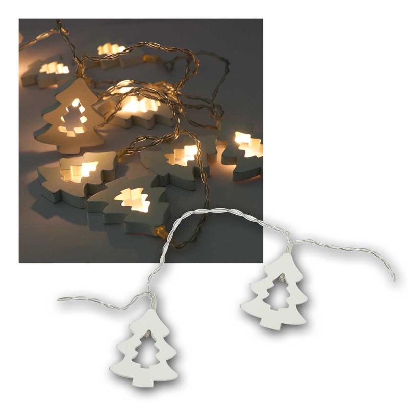 LED Lichterkette „Tannenbaum“, weißes Holz, Timer, warmweiß