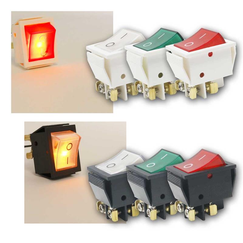 Einbau-Wippenschalter 2-polig, Einfachwippe, beleuchtet, 250V