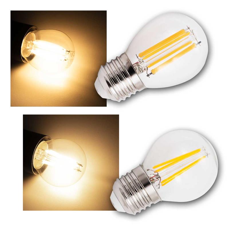 E27 LED Tropfenlampe, Glaskörper, Filament-LEDs, warmweiß